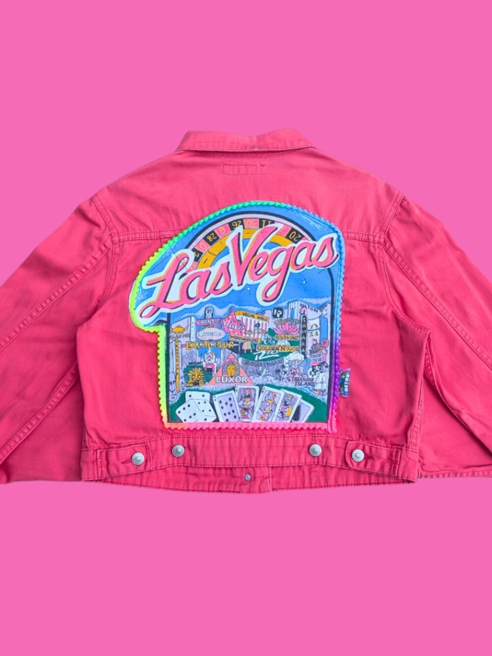 Las Vegas Upcycled T-Shirt Pink Denim Jacket Size L